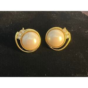 VTG Monet Earrings Clip On Gold Tone Faux Pearl Rhinestones Coquette Prom Formal